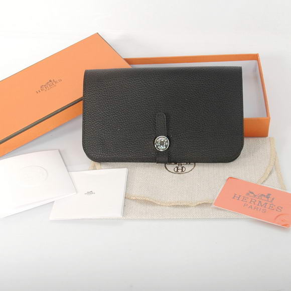 High Quality Hermes Compact Passport Holder Smooth Leather Wallet Black Fake
